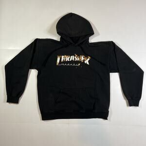 Vintage Thrasher Skateboard Flames Logo Faded Black Hoodie Sweatshirt Sz M Y2K